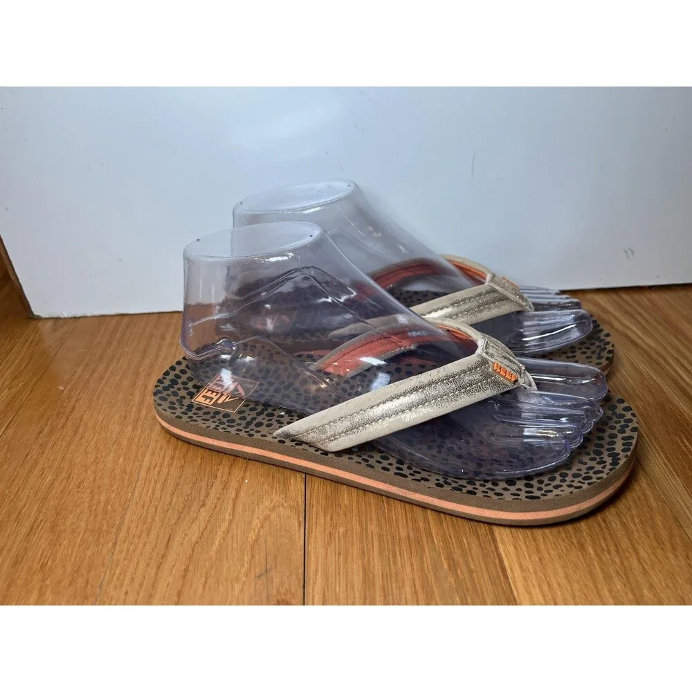 Reef Sandals Shoes Kids Size 5 Beige Ahi Flip Flop Animal Print Beach Casual